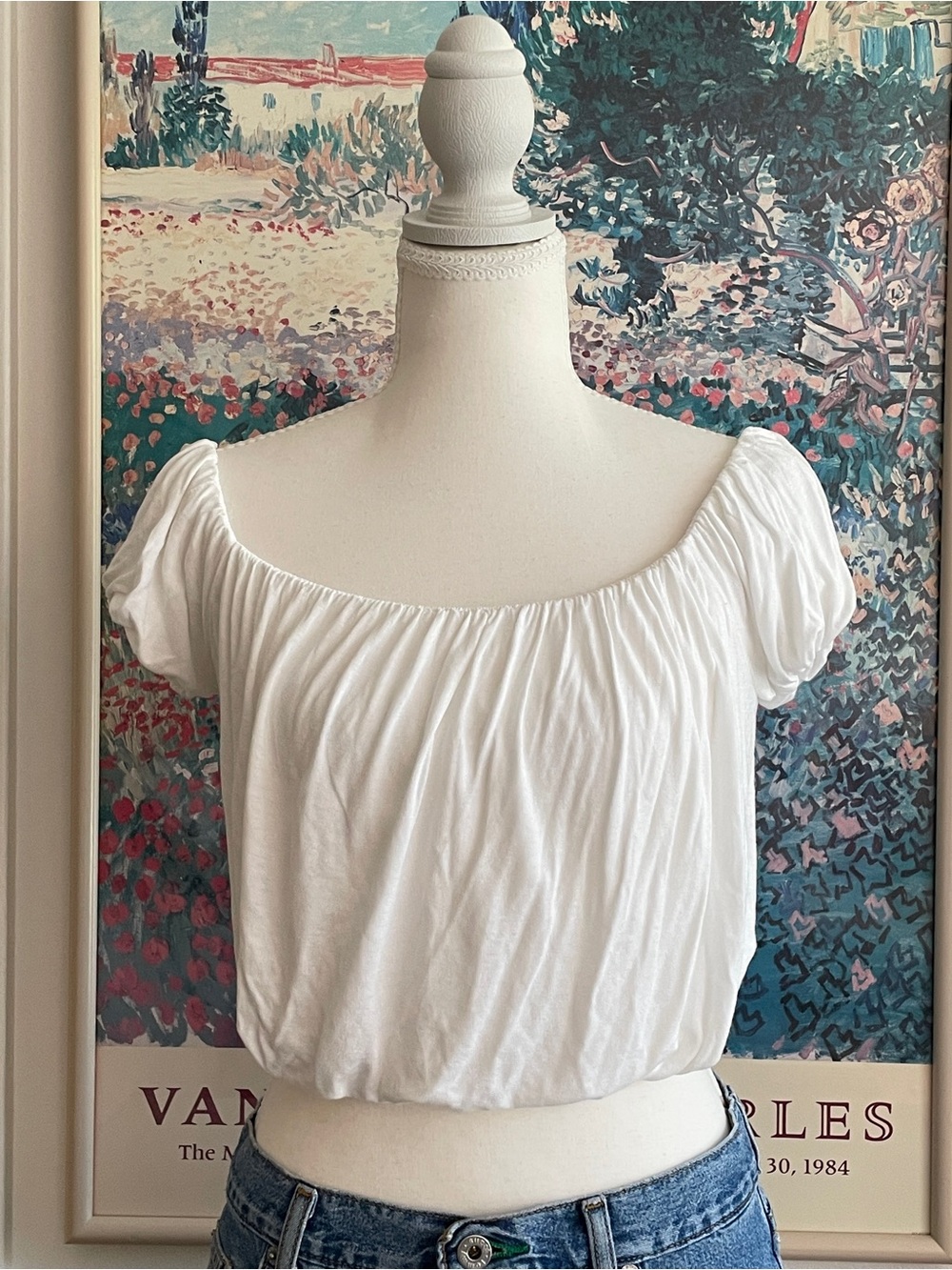Forever 21 White Off Shoulder Crop Top Sz S Puff Sleeve Ruched Boho Cottage Y2K